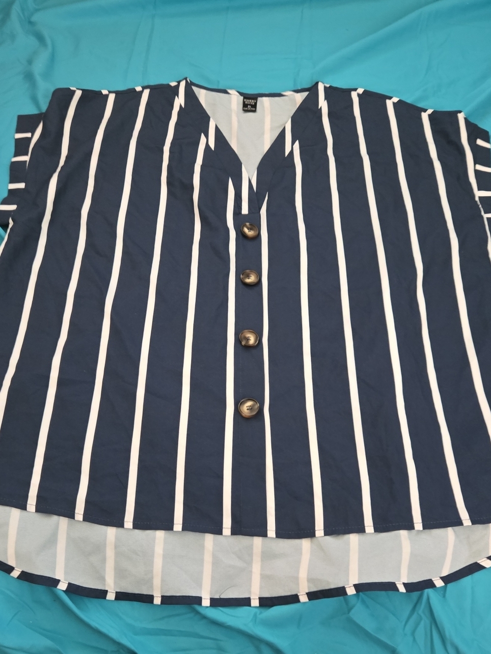 Emery Rose Button-Front Navy and White Striped V-Neck Top